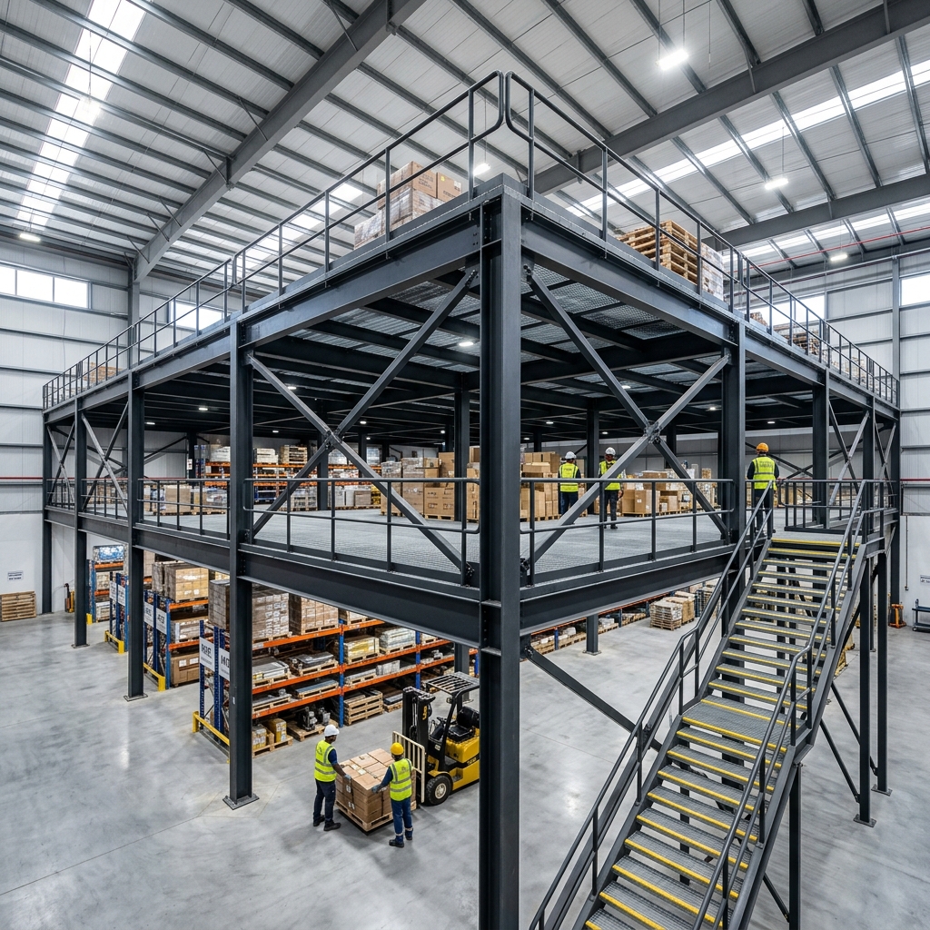 Custom structural steel mezzanine floor installation in industrial warehouse UAE