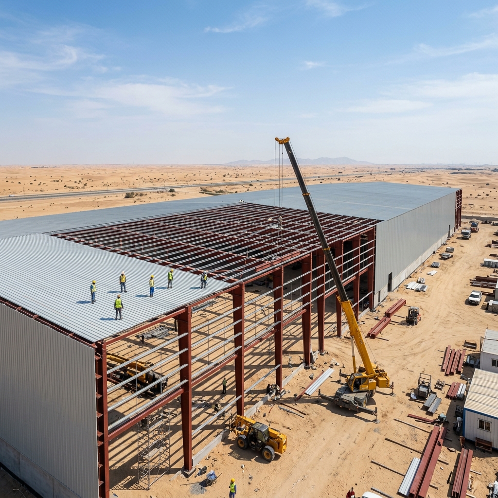 Warehouse shed construction UAE with structural steel fabrication